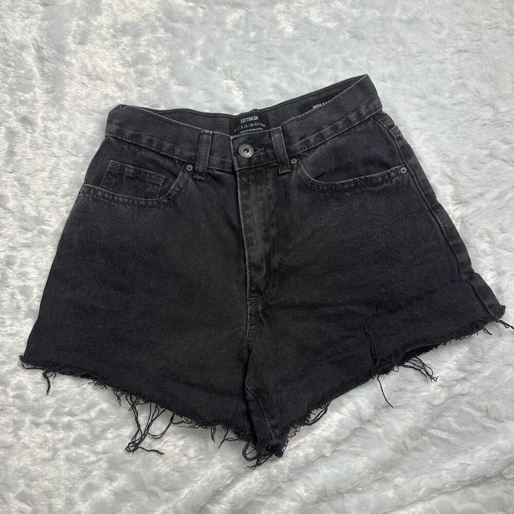 Cotton On black High A Line frayed ripped denim short shorts Size 2